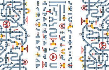 Details pipes different types collection of water tube industry gas valve construction and oil industrial pressure technology plumbing vector illustration.
