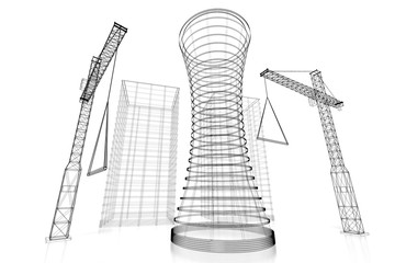 3D construction site, office building - wireframe