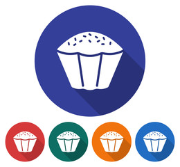 Round icon of  cupcake. Flat style illustration with long shadow in five variants background color