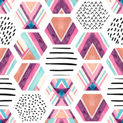 Watercolor hexagon seamless pattern with geometric ornamental elements