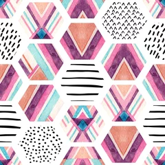 Wall murals Hexagon Watercolor hexagon seamless pattern with geometric ornamental elements