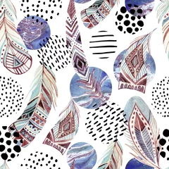 Stickers pour porte Plumes aquarelles Modèle sans couture de plumes tribales à l& 39 aquarelle avec des formes abstraites de marbre et de grunge