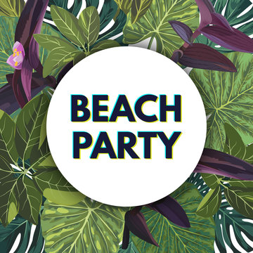 Summer green tropical party flyer design with palm tree leaves and purple flowers.