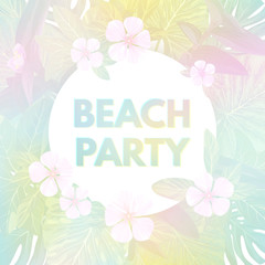 Light vector tropical background with palm leaves and exotic flowers.