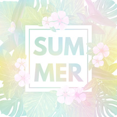 Light vector tropical background with palm leaves and exotic flowers.