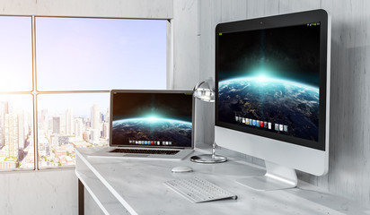 Fototapeta premium Modern desktop interior with computer and devices 3D rendering