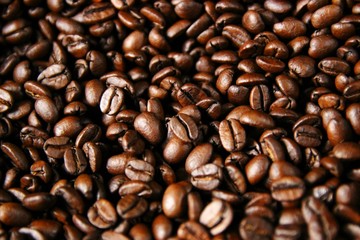 Closeup of roasted coffee beans after roasting in a drum type coffee roaster 2/2
