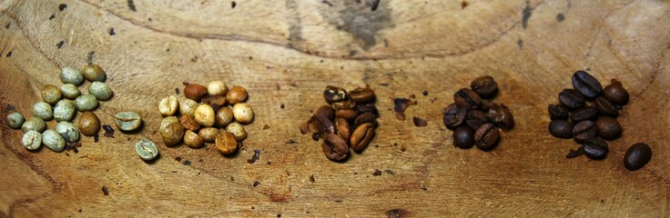 Coffee beans at various bean temperatures, from light roast to dark roast