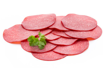 Salami smoked sausage one slice isolated on white background cutout.