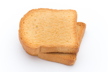 Slices of toast bread on wooden table, top view.