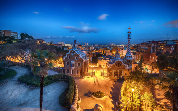  Barcelona, Catalonia, Spain: the Park Guell of Antoni Gaudi at sunset
