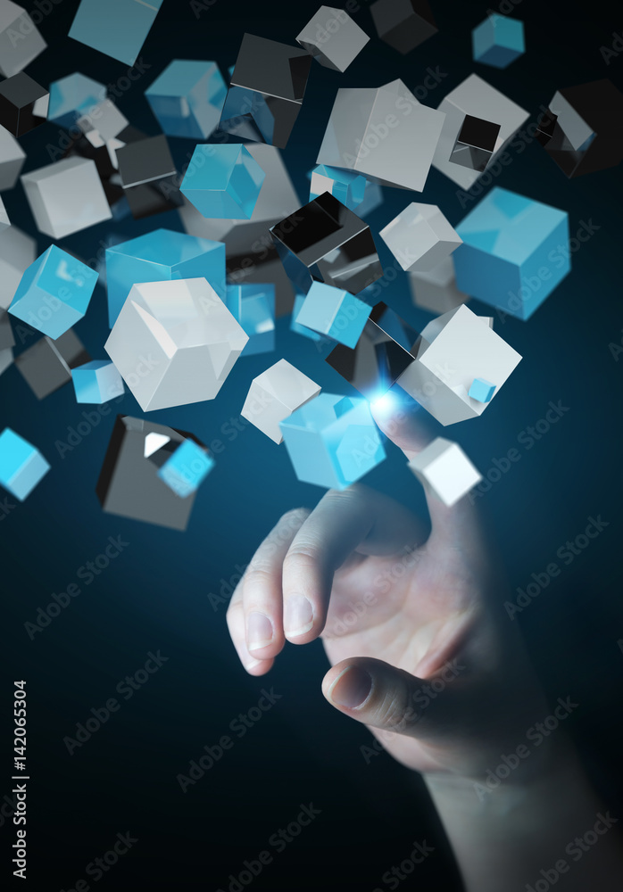 Aufkleber businesswoman touching floating blue shiny cube network 3d rendering