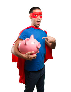 Concept of a superhero worried about his economy