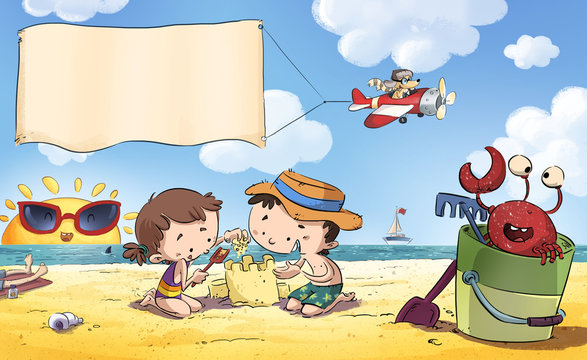 Ni&ntilde;os en la playa. Escena de verano