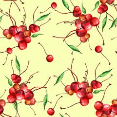 Panele Szklane Podświetlane  Bezszwowe tło akwarela, z rocznika wzór czerwonych jagód - wiśni. Czerwona jagoda, zielony liść.