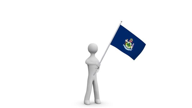 Maine state flag. 3d Man holding and waving Maine flag on transparent background. Loop. Alpha channel.