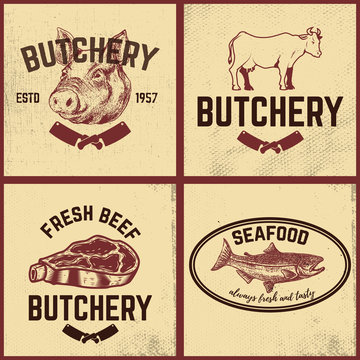 Set of butchery, meat store, seafood posters set. Design elements for restaurant menu. Vector illustration.