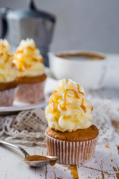 Caramel cupcakes with buttercream frosting