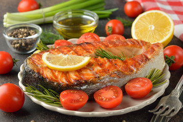 Roasted salmon steak with lemon