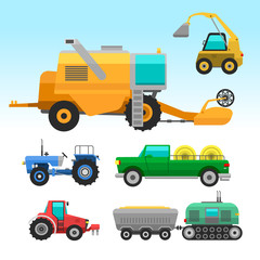 Agricultural vehicles and harvester machine combines and excavators icon set with accessories for plowing mowing, planting and harvesting vector illustration.