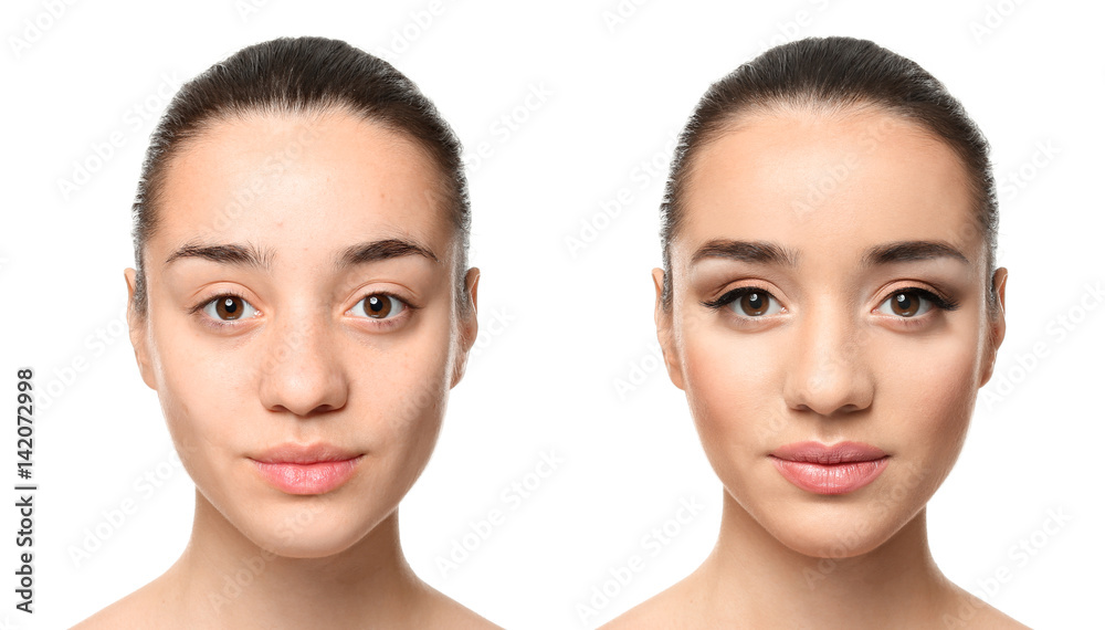 Poster Young woman before and after makeup application on white background