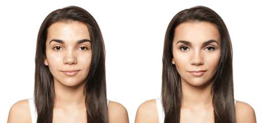 Young woman before and after makeup application on white background