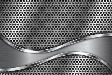 Metal perforated background with abstract curved elements. With round holes