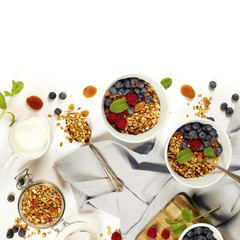 Healthy breakfast -  Homemade granola, honey, milk and berries