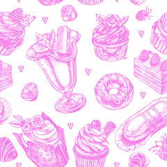 Seamless decorative pattern with ink hand drawn elements - desserts, sweets, cupcakes. Vector illustration.