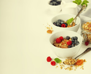Healthy breakfast -  Homemade granola, honey, milk and berries