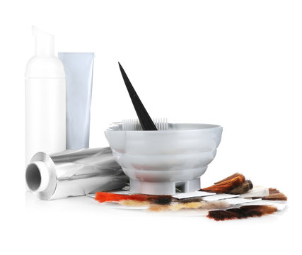 Set for coloring and hair samples of different tints isolated on white