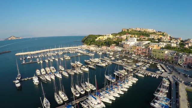 Beautiful Italian seaside town with colorful houses, summer vacation, aerial