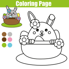 Coloring page with Easter bunny character. Printable worksheet. educational children game, drawing kids activity. rabbit in busket with eggs