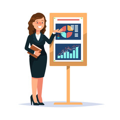 Vector illustration young business woman standing whiteboard presentation cartoon flat style isolated background