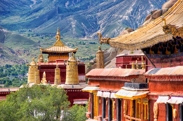 Ancient temples. Sera monastery near Lhasa, Tibet - obrazy, fototapety, plakaty