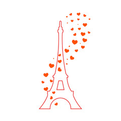 Eiffel Tower and red hearts. Vector illustration .