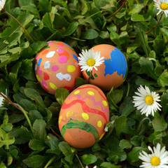 Easter eggs. Easter. Eggs in the nest. Painted eggs. Flowers, daisies. Peace