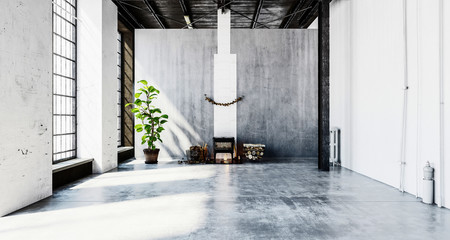 Large loft room with fireplace