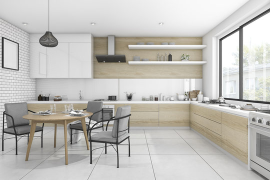 3d rendering white vintage kitchen with dining table and chair