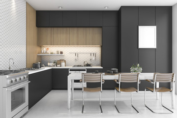 3d rendering black  kitchen with wood design