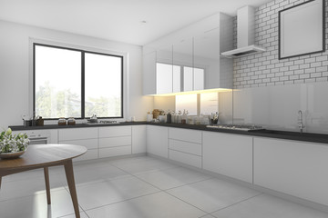 3d rendering white minimal kitchen with dining table