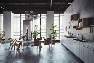 3D interior scene of spacious kitchen