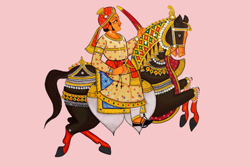 Obraz premium Traditional Indian or Rajasthani wall painting of Horse with jockey.