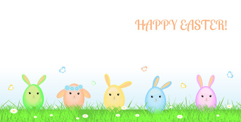 Happy Easter greeting card. Vector illustration. Cute colorful rabbits. Pretty bunnies in the form of  eggs.