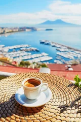 Papier Peint photo autocollant Naples Tasse de café avec vue sur le Vésuve à Naples