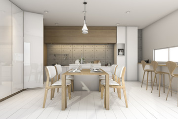 3d rendering white loft wood kitchen design with lamp