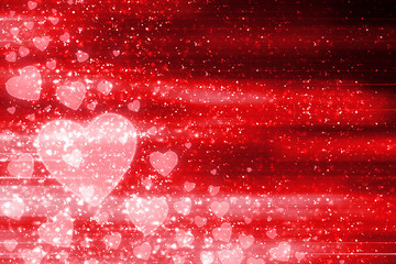 Red abstract Valentines Day festive background and heart bokeh, glitter or circles lights with hearts. Round  defocused particles
