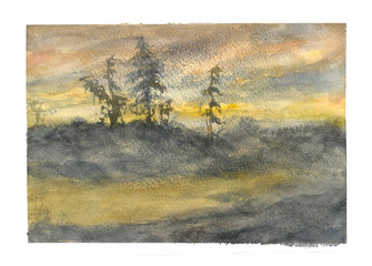  Watercolor Illustration of sunset in forest. Landscape watercolor illustration.