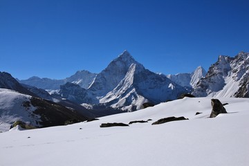Mount Ama Dablam and other high mountains in the Mount Everest National Park, Nepal. View from Dzongla.