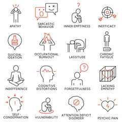Vector set of 16 linear icons related to human behavior and mental conditions. Mono line pictograms and infographics design elements